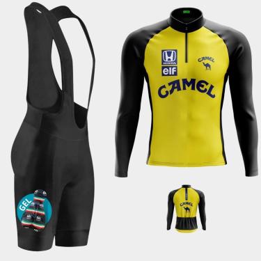 Imagem de Conjunto de Ciclismo Masculino Camisa Camel PRO Manga Longa Bolso Traseiro e Bretelle Gel-Masculino