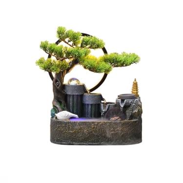 Imagem de Fontes de mesa Rockery, Bonsai de água corrente decoração de fonte circular varanda interna sala de estar decoração de mesa planta verde paisagem fontes internas (grande)