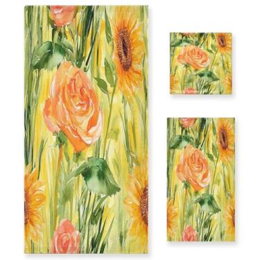 Imagem de xigua Aquarela girassóis e rosas conjunto de toalhas de banheiro absorvente macio 3 peças toalha de banho toalha de mão toalhas decorativas para banheiro, academia, hotel, praia, piscina