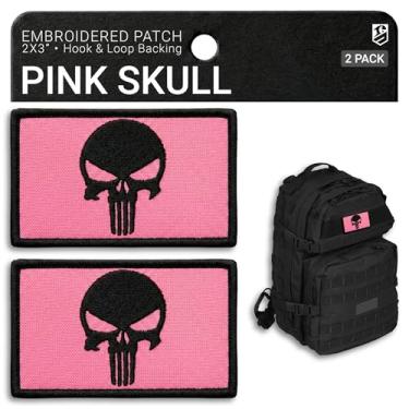 Imagem de Bluyellow 2 peças de patch de caveira rosa, adesivos táticos bordados para mochila militar, colete tático, capacete militar, arnês para cães, airsoft, adesivos de moral com gancho e laço, 2x3