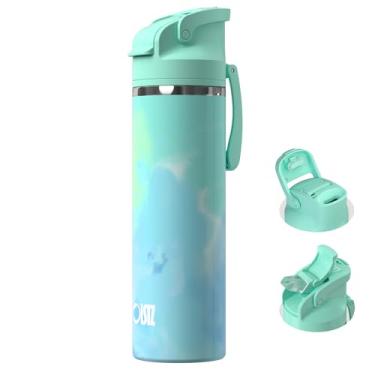 Imagem de OISIZ Garrafa de água isolada de 680 g com bico 2 em 1 e tampa de palha, trava de segurança com um clique, 100% à prova de vazamento, mantém frio 24h, garrafa de água de aço inoxidável a vácuo para