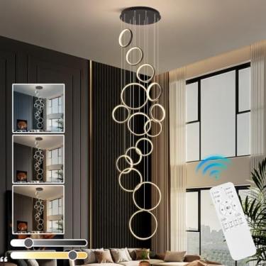 Imagem de Luminária pendente LED moderna para escada, com dimmer, lustre, anéis de LED e altura ajustável, 18 lâmpadas, 195W, ideal para sala de estar, hall de entrada de hotel e decoração de foyer (1