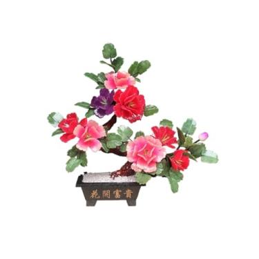 Imagem de Bonsai artificial árvore jade peônia ornamento bonsai, vaso esculpido feito à mão, decoração de armário de TV árvore bonsai artificial (rosa)