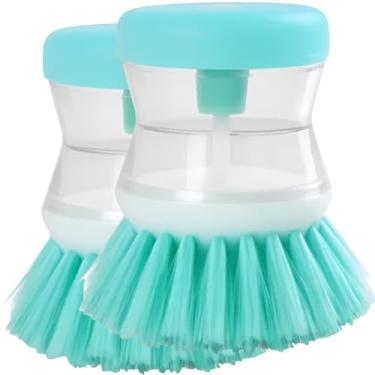 Imagem de Escova de Limpeza com Dispenser, Kit 2 Peças, Cores Azul/Roxo/Salmão, Cerdas de Nylon, Reservatório 50ml, para Lavar Louça, Design Ergonômico, Manual (Azul)