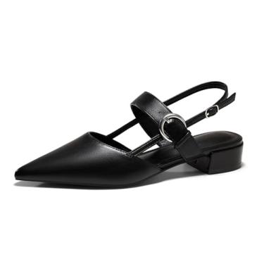 Imagem de Coutgo Sapato feminino Mary Jane de salto baixo grosso, bico fino, fechado, bico fino, fivela no tornozelo, Preto PU, 35