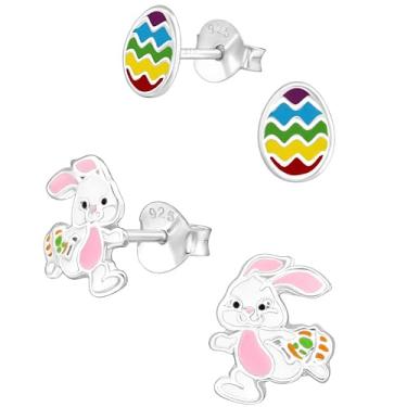 Imagem de ICYROSE Conjunto de 2 pares de brincos de prata esterlina 925 pequeno coelho da Páscoa e minúsculos ovos de Páscoa coloridos (sem níquel)