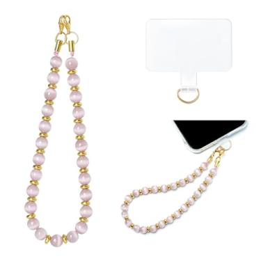 Imagem de Gacuyi Pulseira com pingente de telefone com contas de pedra natural, pulseira destacável para celular com aba de corda, berloques para celular chaveiro com cordão (rosa - olho de gato roxo)