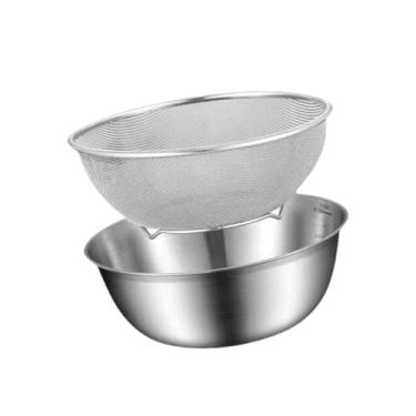Imagem de KiBcsLic Cesto escorredor de aço inoxidável com bacia, escorredor de arroz com tigela para misturar, peneira de malha fina e bacia para arroz e frutas.