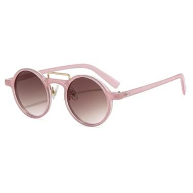 Imagem de HCHES Óculos de Sol Redondos de Luxo Estilo Punk Retrô Feminino com Lentes Transparentes Degradê Oceano, Proteção UV400 e Rebites (Rosa-Marrom Claro)