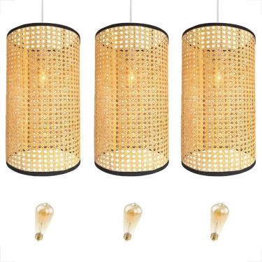Imagem de Kit 3 Pendente Fibra Natural Palha Tela Indiana Nat84 + Led