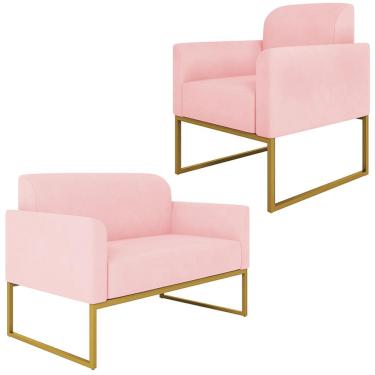 Imagem de Conjunto Namoradeira e Poltrona Decorativa Isabella Base Industrial Suede Rosa Bebê/Dourado - Gran Belo