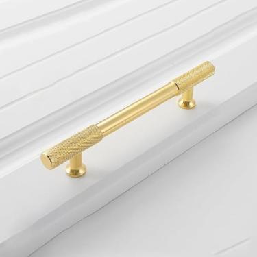 Imagem de Pexintek Pacote com 10 puxadores de armário modernos dourados 128 mm (5 polegadas) centros de furos cozinha, banheiro, quartos, móveis de estudo, portas, puxadores vintage com parafusos para armários