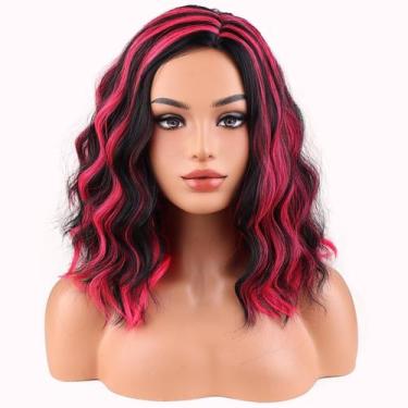 Imagem de Peruca BERON Black Highlights, rosa quente, curta, encaracolada, ondul