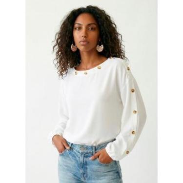 Imagem de Blusa Branca Gola Canoa em Crepe Manga Longa Sob Botões-Feminino