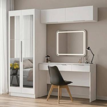 Imagem de Conjunto Quarto 1 Penteadeira 2 Aéreos 1 Guarda-Roupa com Espelhos 2 Portas Neo Branco...