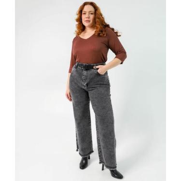 Imagem de Calça Plus Size Feminina Wide Leg Petit Jeans Preto Sawary, Jeans pret