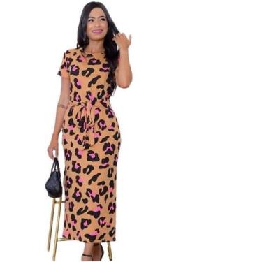 Imagem de Vestido Feminino Midi Animal Print Amarração na Cintura Fenda Lateral 