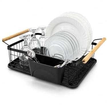 Imagem de BSMIX Escorredor de Louça Preto Fosco com Alças de Bambu Design Moderno para Uso Diário