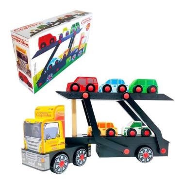 Imagem de Caminhão Cegonha com Carros Infantil Brinquedos Educativos de Madeira 
