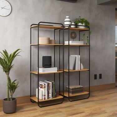 Imagem de Estante de Livros Industrial Aço 35CMX150CM Estilo Criare Marrom/Preto