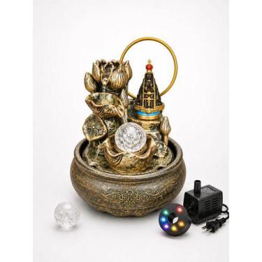 Imagem de Fonte Nossa Senhora Aparecida Artesanal Dourada LED 20cm Resina Paz e 