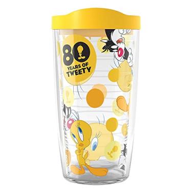 Imagem de Tervis Copo de viagem Warner Brothers Tweety 80th Anniversary Made in USA com isolamento térmico de parede dupla mantém as bebidas frias e quentes, 473 ml, clássico