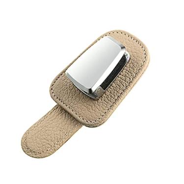 Imagem de Suporte universal para óculos de sol de carro com clipe de couro para óculos de sol e clipe de cartão de bilhete para carro (bege)