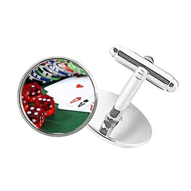 Imagem de DIYthinker Abotoaduras com clipe de botão redondo para fotos de jogos de pôquer com dados de ficha