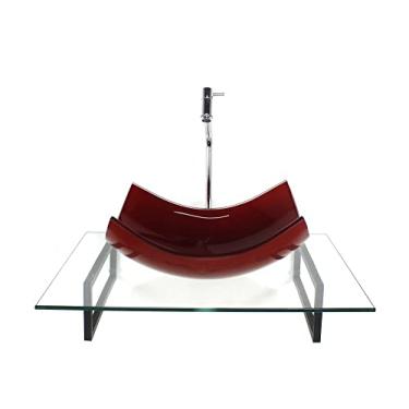 Imagem de KIT CUBA DE VIDRO RETANGULAR CURVADA VERMELHO CEREJA COM TAMPO 60CM INCOLOR E SUPORTE PRETO