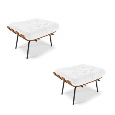 Imagem de Kit 02 Puffs Costela Corano Branco Base Metálica Preto - D`Rossi