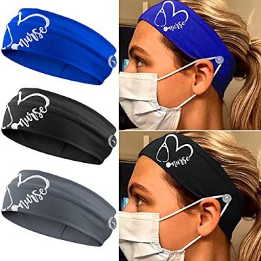 Imagem de Pacote com 3 faixas de cabeça com botões, suporte de capa para rosto, reduz a dor nas orelhas, faixas elásticas de cabelo para mulheres, ioga, corrida, caminhada, ciclismo (azul, preto, cinza)