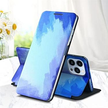 Imagem de Capa de couro flip pintada em aquarela para iPhone 13 12 11 Pro Max XS XR 7 8 Plus SE2 Carteira com suporte magnético Agenda telefônica Capa protetora azul para iPhone 11 Pro