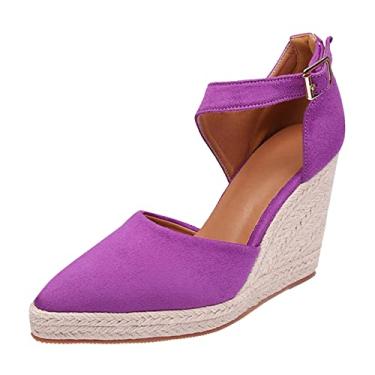 Imagem de Sandálias de plataforma para mulheres bico fino alpargatas sapatos de pescador sapatos femininos novo verão 2022 palha de linho tecida com sapatos de salto alto escarpim sapatos femininos (roxo, 8)