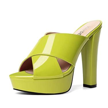 Imagem de WAYDERNS Sandália feminina sem cadarço com salto alto estilo peep toe para encontros de 12 cm, Amarelo, verde, 13