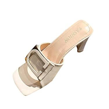 Imagem de Sandálias femininas moda nova primavera verão salto grosso salto quadrado confortável bico quadrado sandálias de pele de cobra para, Branco, 7.5