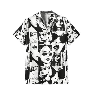 Imagem de WDIRARA Camisa masculina casual de manga curta com botões e estampa de personagens, camisetas de praia de verão, Preto e branco, G