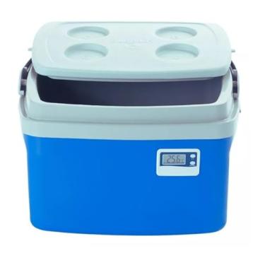 Imagem de Caixa Térmica Cooler 12 litros Azul com termômetro Maxima e Minima e certificado de calibração transporte de vacina medicamentos alimentos e bebidas.