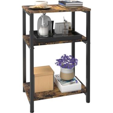 Imagem de Tigerden Mesa lateral de 3 níveis, mesa de canto resistente com prateleiras, mesa de cabeceira estreita para espaços pequenos, mesa de toca-discos para quarto, sala de estar, sofá - marrom rústico e