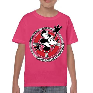 Imagem de Camiseta juvenil Steamboat Willie Life Preserver engraçada clássica desenho animado praia Vibe Mouse in a Lifebuoy Silly Retro Kids, Rosa choque, GG