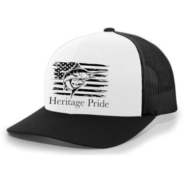Imagem de Heritage Pride Boné masculino Marlin Fish bandeira americana pesca ao ar livre bordado malha traseira boné caminhoneiro masculino, Preto/branco/preto, Tamanho �nica