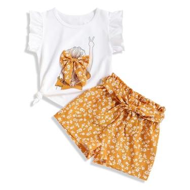 Imagem de oklady Camiseta feminina de verão de 2 peças, camiseta de manga curta e estampa fofa, conjuntos curtos florais para meninas, Amarelo - Menina, 9-10 Y