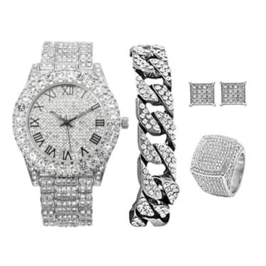 Imagem de Bling-ed Out It's Lit! Conjunto de relógio hip hop e joias com pulseira de corrente cubana, brincos e anel brilhantes de pipa - GJM13, 9, Metal, Strass