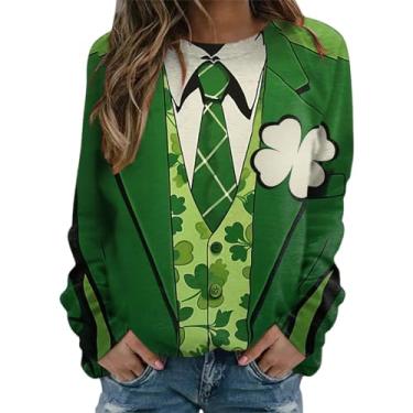 Imagem de Camiseta feminina St Patricks Day manga longa verde irlandês Lucky Clover estampada Lucky Mama, Café, GG