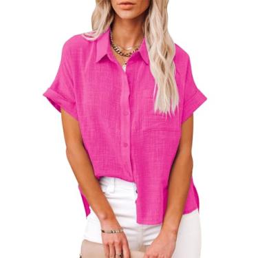 Imagem de Camisetas femininas de algodão, manga curta, verão, gola V, linho, praia, casual, com bolso no peito, B_rosa choque, P
