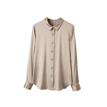 Imagem de Camisa social feminina lisa gola virada para baixo blusa chique primavera outono, Marrom claro, M