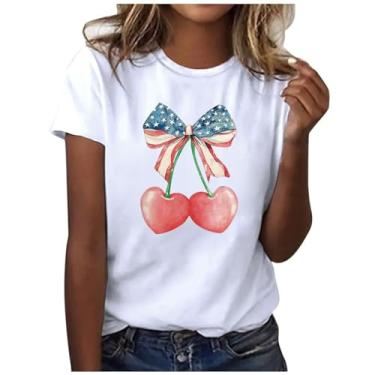 Imagem de Camiseta feminina com bandeira americana de manga curta com estampa de cereja e gola redonda com estampa casual solta com bandeira dos EUA, Branco, M