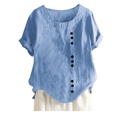 Imagem de Lainuyoah Camisetas femininas de verão para férias de 2024 gráfico 2024 blusa moderna primavera gola redonda botão boho linho túnica, C-sky Blue, M
