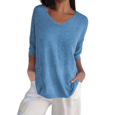 Imagem de Suéter feminino, manga 3/4, cor sólida, gola V, pulôver de malha, caimento solto, camisetas casuais confortáveis, Azul claro, GG
