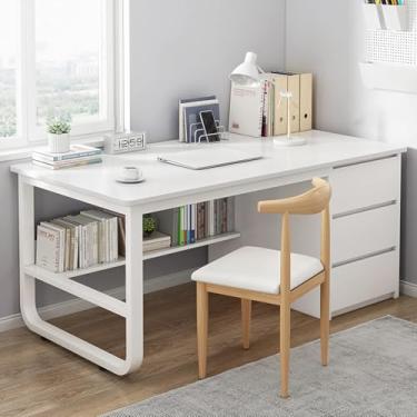 Imagem de Mesa de computador com prateleiras de armazenamento e 3 gavetas estilo simples e moderno mesa de escritório em casa estação de trabalho escrivaninha, branca, 39 tamanhos