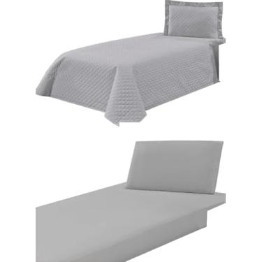 Imagem de Cobre Leito Colcha Solteiro Kaique, +Jogo de Lençol Solteiro Solene 4 Peças (Cinza)